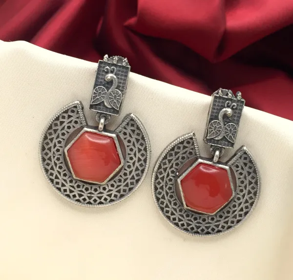 Peacock_Hexagon_Stone_Orange_Earrings