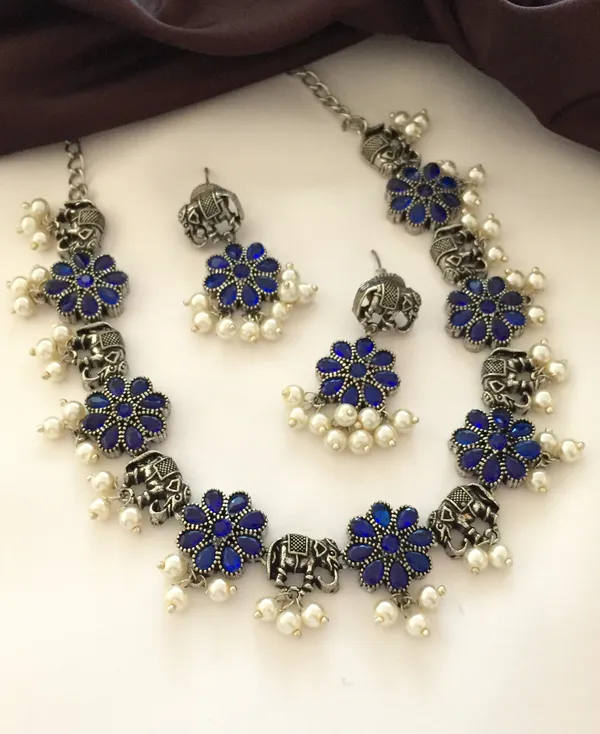 Blue_Elephant_Model_Silver_plated_Necklace_with_Earrings