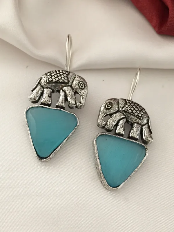 Oxidised_Elephant_Model_Light_Blue_Original_Stones_Earrings