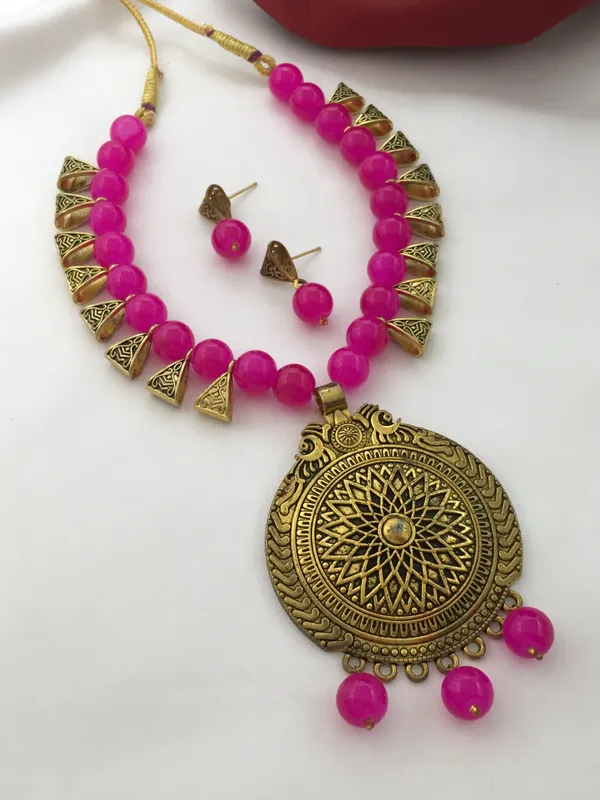 Oxidised_Gold_Tone_Necklace_Set_-_Pink