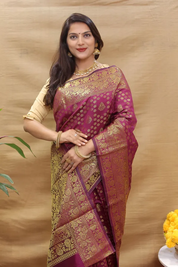 Wine_Colour_Kanjivaram_Pure_Silk_Banarasi_Sarees_With_Blouse_Piece