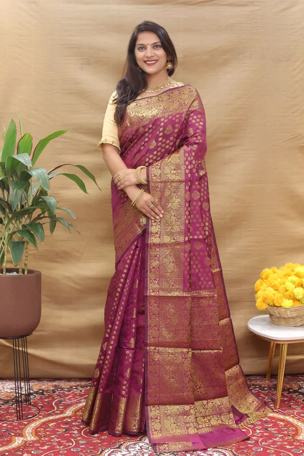 Wine_Colour_Kanjivaram_Pure_Silk_Banarasi_Sarees_With_Blouse_Piece
