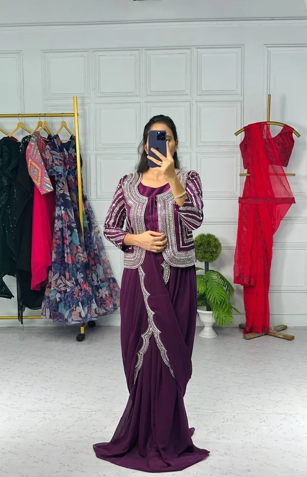 Designer_Purple_Georgette_Lehenga_Saree