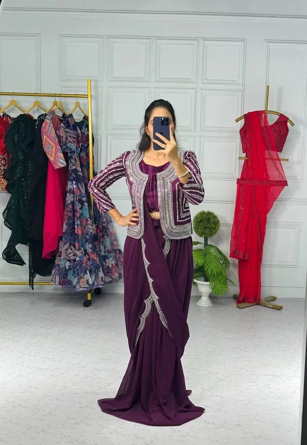 Designer_Purple_Georgette_Lehenga_Saree