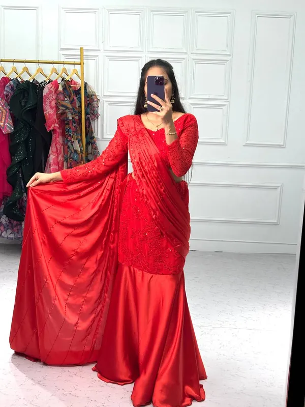 Glamorous_Designer_Red_Georgette_Lehenga_Saree