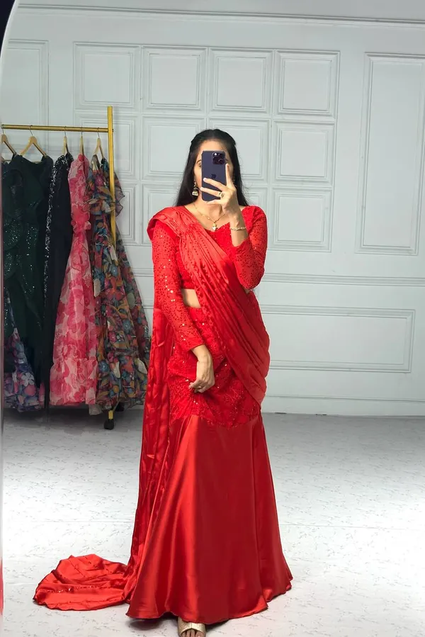 Glamorous_Designer_Red_Georgette_Lehenga_Saree