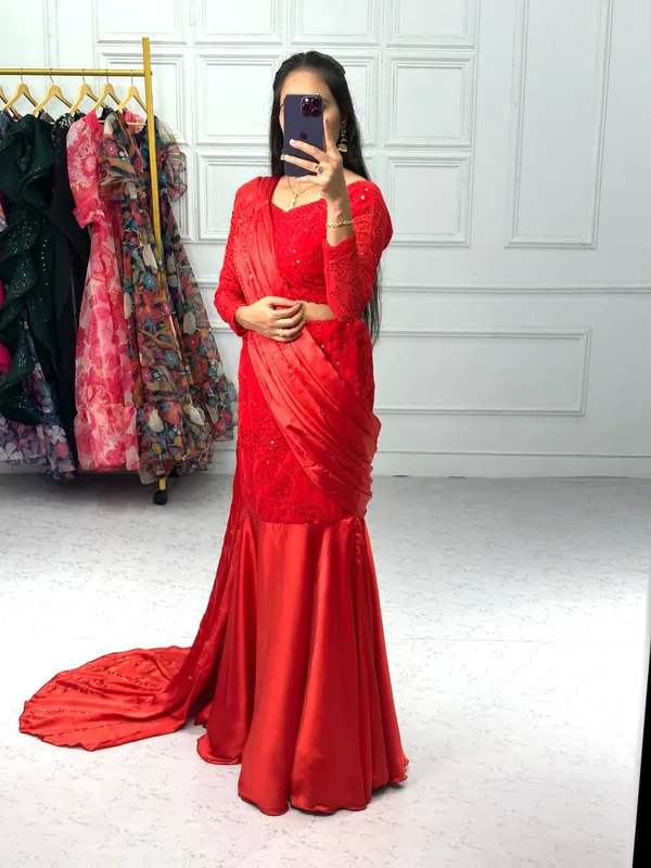Glamorous_Designer_Red_Georgette_Lehenga_Saree