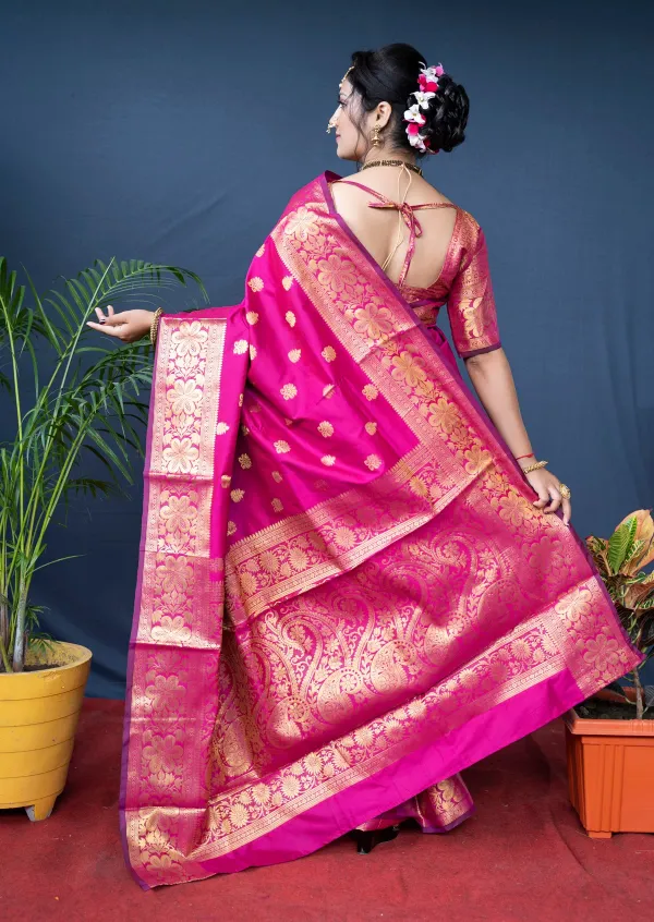 Flameboyant_Dark_Pink_Banarasi_Silk_Saree_With_Assemblage_Blouse_Piece