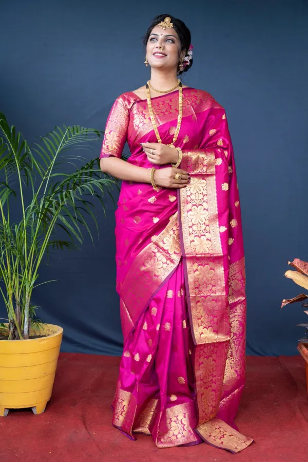 Flameboyant_Dark_Pink_Banarasi_Silk_Saree_With_Assemblage_Blouse_Piece