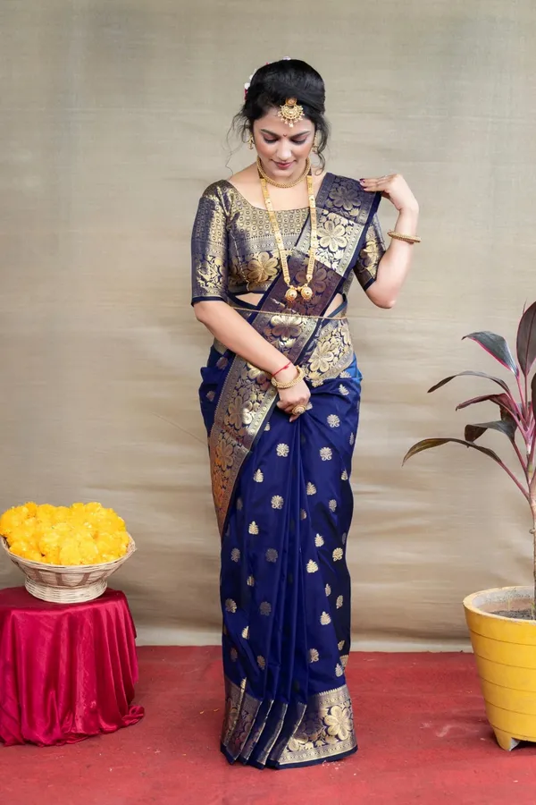 Pleasant_Navy_Blue_Banarasi_Silk_Saree_With_Assemblage_Blouse_Piece