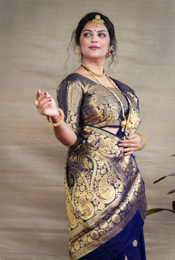 Pleasant_Navy_Blue_Banarasi_Silk_Saree_With_Assemblage_Blouse_Piece