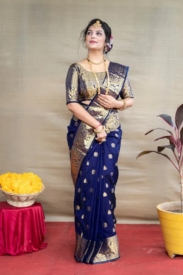 Pleasant_Navy_Blue_Banarasi_Silk_Saree_With_Assemblage_Blouse_Piece