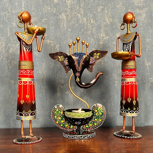 Ganesha_T_light_combo(Three_Piece_)_Iron_Tribal_Lady_showpieces_Ladies_Doll_Figurine_Statue_Decorative_Items