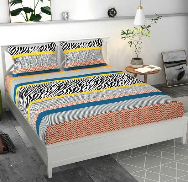MULTICOLOUR_Pure_Cotton_Bedsheet_Two_Pillow_Covers_Included_108X108