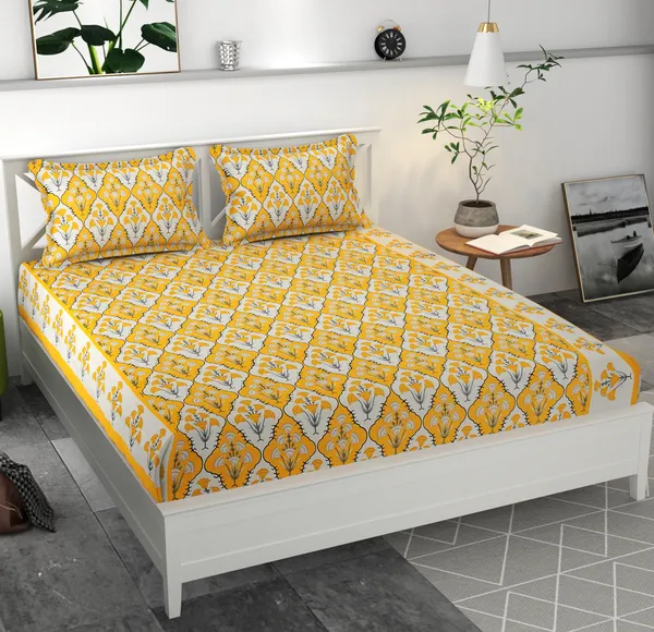YELLOW_Pure_Cotton_Bedsheet_Two_Pillow_Covers_Included_108X108