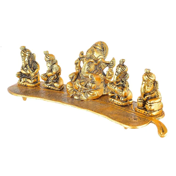 White_Metal_Gold_Plated_Ganesha_On_Leaf_With_Musical_Instrument_Metal_Statue_For_Pooja