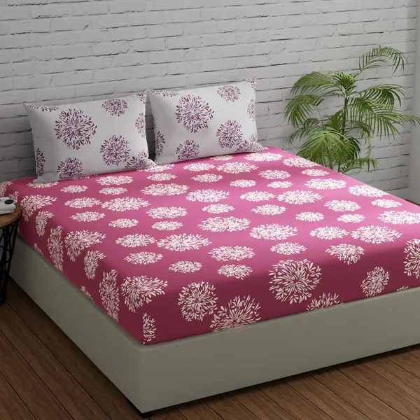144_TC_Fitted_Cotton_Bedsheets_for_Double_Bed_with_2_Pillow_Covers_|_60x78_inches,_Mauve_&_White