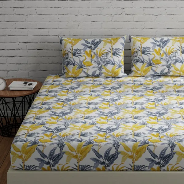 144_TC_Cotton_Elastic_Fitted_Bedsheets_King_Size_with_2_Pillow_Covers__|_72x78_inches_|_Flamingo_-_Yellow