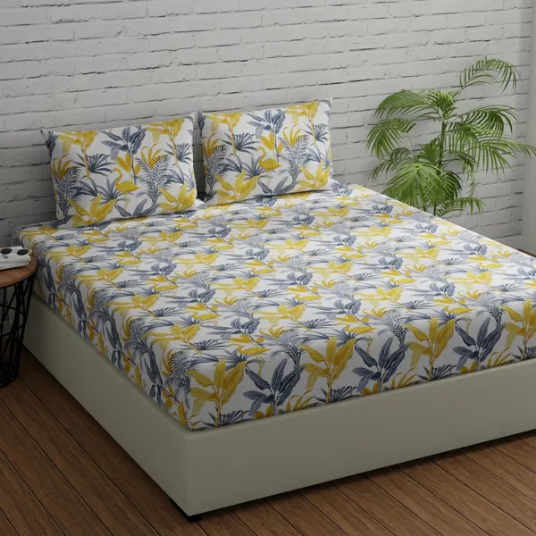 144_TC_Cotton_Elastic_Fitted_Bedsheets_King_Size_with_2_Pillow_Covers__|_72x78_inches_|_Flamingo_-_Yellow