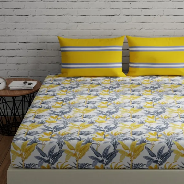 144_TC_Cotton_Elastic_Fitted_Bedsheets_King_Size_with_2_Pillow_Covers_|_72_x_78_inches_|_Flamingo_&_Stripes_-_Yellow_&_Grey
