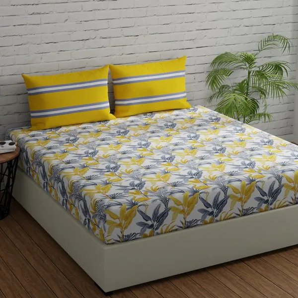 144_TC_Cotton_Elastic_Fitted_Bedsheets_King_Size_with_2_Pillow_Covers_|_72_x_78_inches_|_Flamingo_&_Stripes_-_Yellow_&_Grey