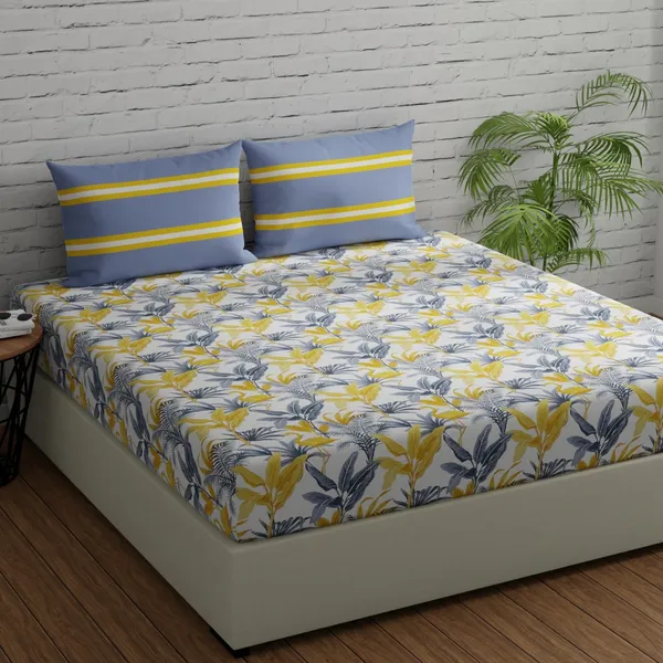 144_TC_Cotton_Fitted_Bedsheets_King_Size_with_2_Pillow_Covers_|_6ft_x_6.5ft_|_Flamingo_&_Stripes_-_Grey_&_Yellow