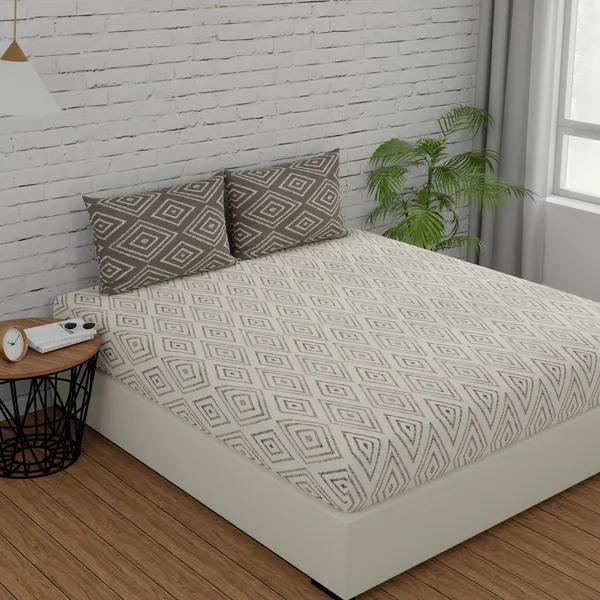 144_TC_Cotton_Elastic_Fitted_Bedsheets_King_Size_with_2_Pillow_Covers__|_72x78_inches_|_White_&_Taupe