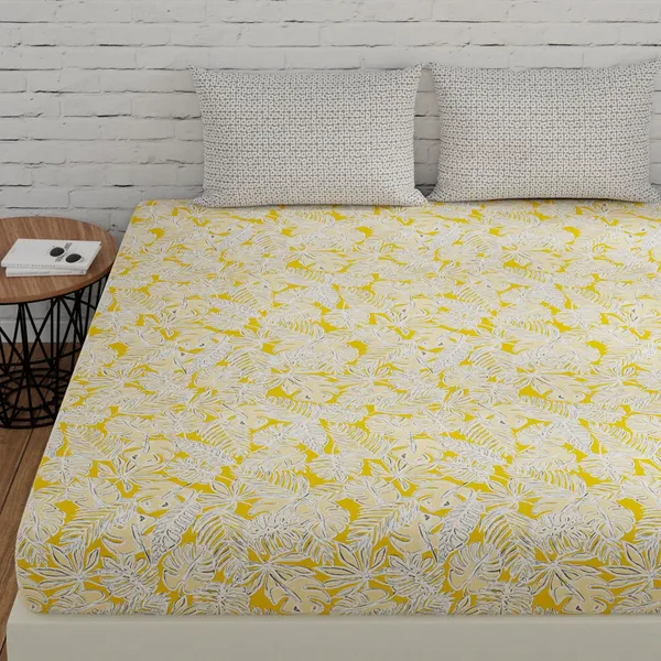 144_TC_Cotton_Bedsheet_for_Double_Bed_with_2_Pillow_Covers_|_Yellow_&_Grey