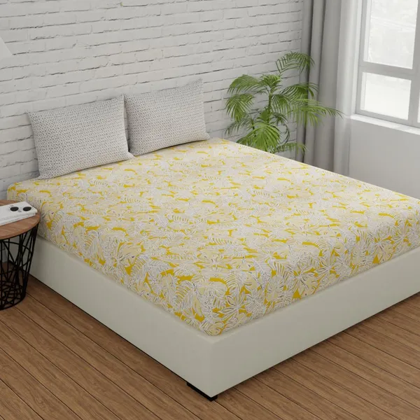 144_TC_Cotton_Bedsheet_for_Double_Bed_with_2_Pillow_Covers_|_Yellow_&_Grey