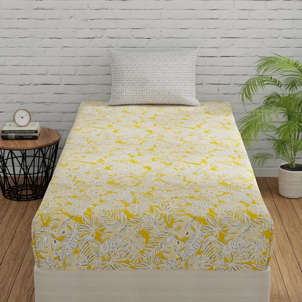 144_TC_Bedsheet_for_Single_Bed_with_1_Pillow_Cover_|_Yellow_&_Grey