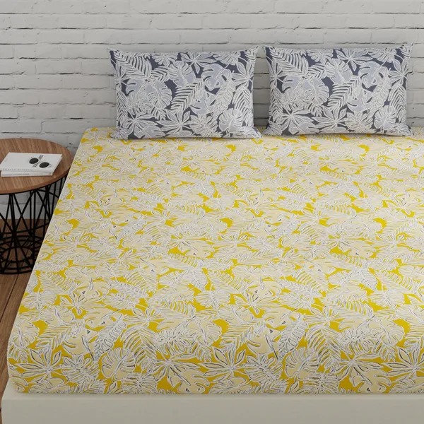 144_TC_Cotton_Bed_Sheet_for_Double_Set_Bed_with_2_Pillow_Covers_|_Yellow_&_Grey