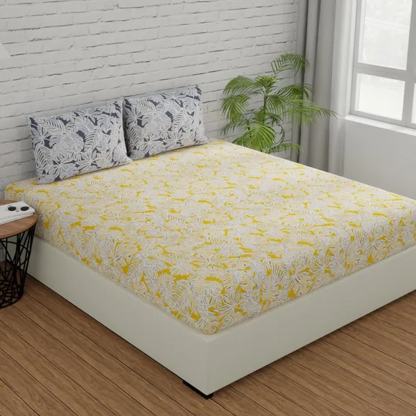 144_TC_Cotton_Bed_Sheet_for_Double_Set_Bed_with_2_Pillow_Covers_|_Yellow_&_Grey