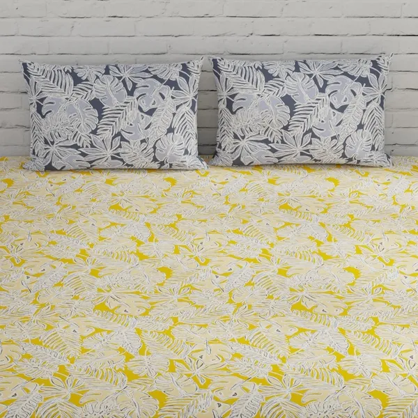 144_TC_Cotton_Bed_Sheet_for_Double_Set_Bed_with_2_Pillow_Covers_|_Yellow_&_Grey