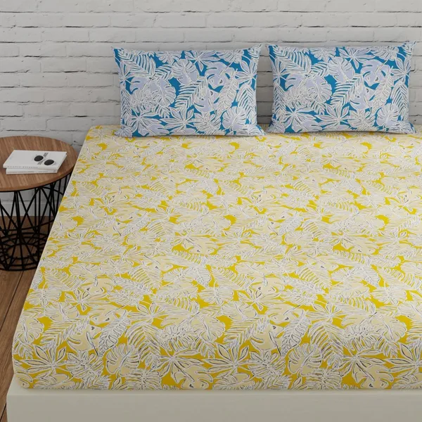 144_TC_Cotton_Bedsheet_for_Double_Bed_with_2_Pillow_Covers_|_Yellow_&_Blue