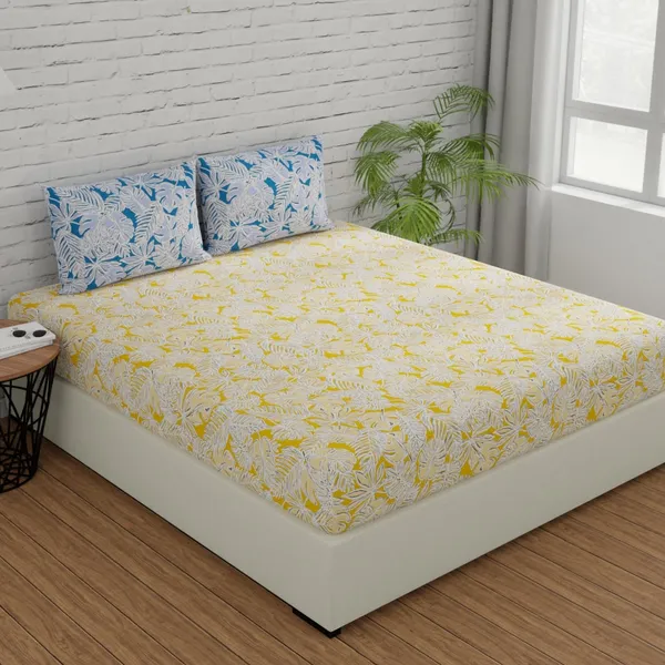 144_TC_Cotton_Bedsheet_for_Double_Bed_with_2_Pillow_Covers_|_Yellow_&_Blue