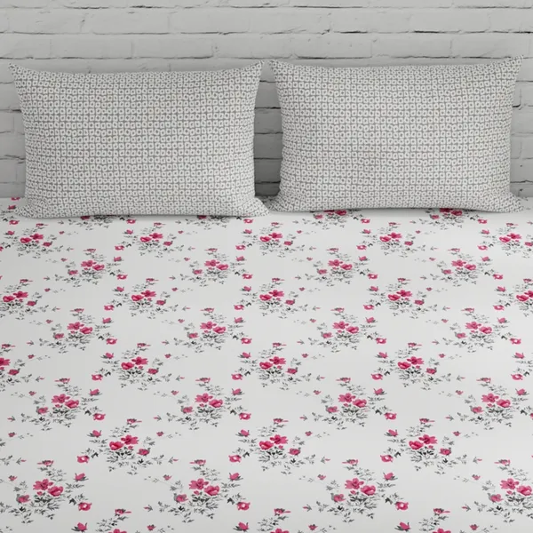 144_TC_Cotton_Bedsheet_for_Double_Bed_with_2_Pillow_Covers_|_White,_Light_Coral_&_Grey