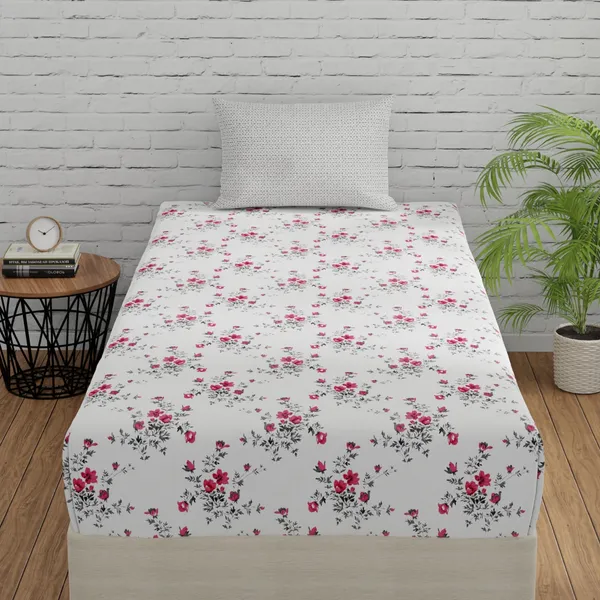 144_TC_Bedsheet_for_Single_Bed_with_1_Pillow_Cover_|_White,_Light_Coral_&_Grey