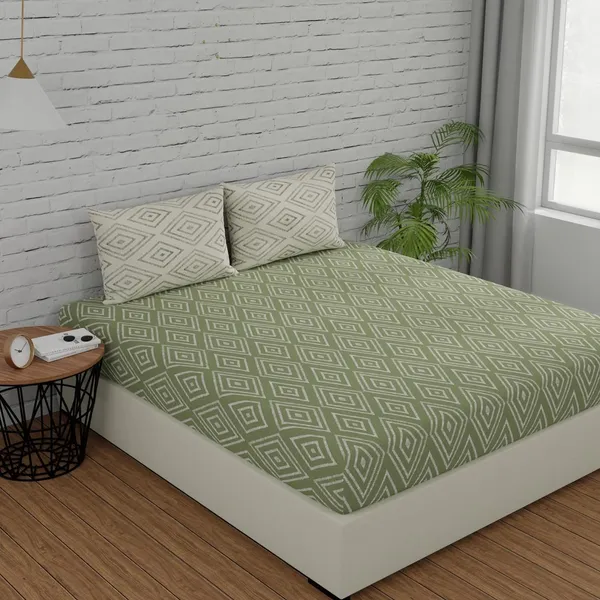 144_TC_Cotton_Elastic_Fitted_Bedsheets_King_Size_with_2_Pillow_Covers__|_72x78_inches_|_Sage_Green_&_White