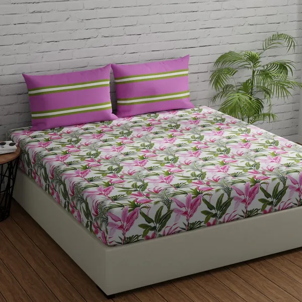 144_TC_Cotton_Elastic_Fitted_Bedsheets_King_Size_with_2_Pillow_Covers__|_72x78_inches_|_Flamingo_&_Stripes_-_Pink_&_Green