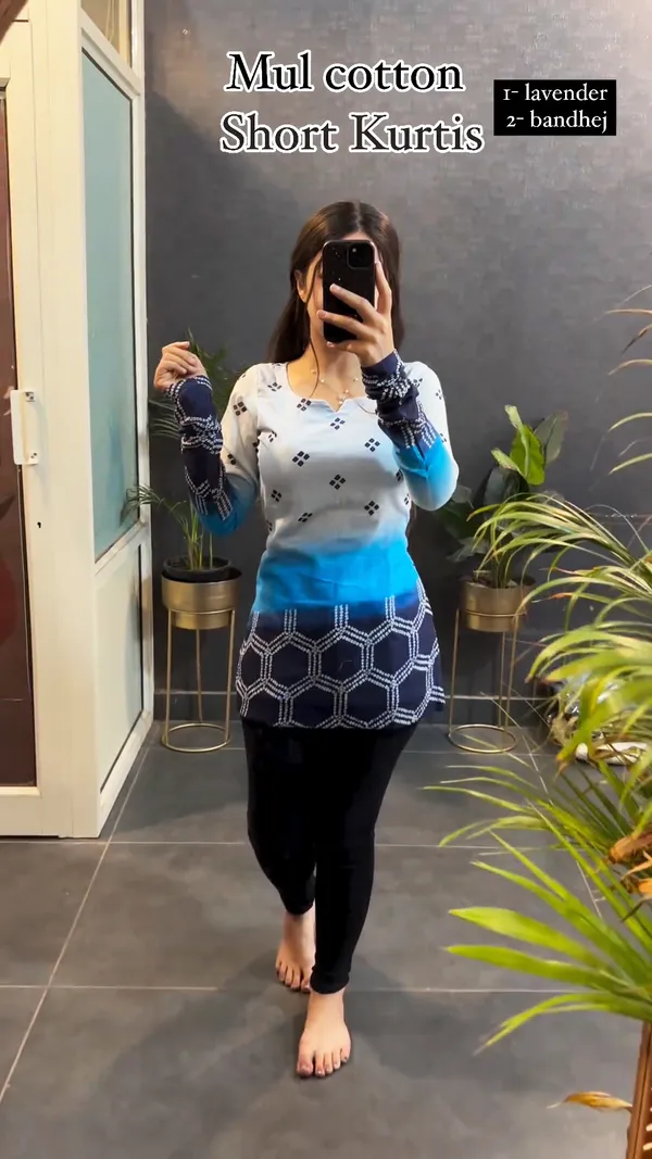White_Cotton_Printed_Bandhej_Short_Kurti