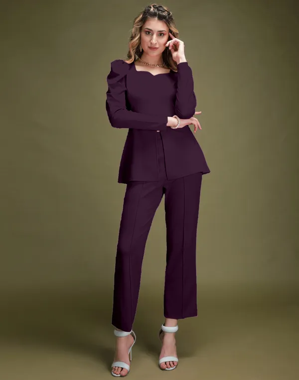 Wine_Shirt_Collar_Top_With_Trouser_Office_Wear