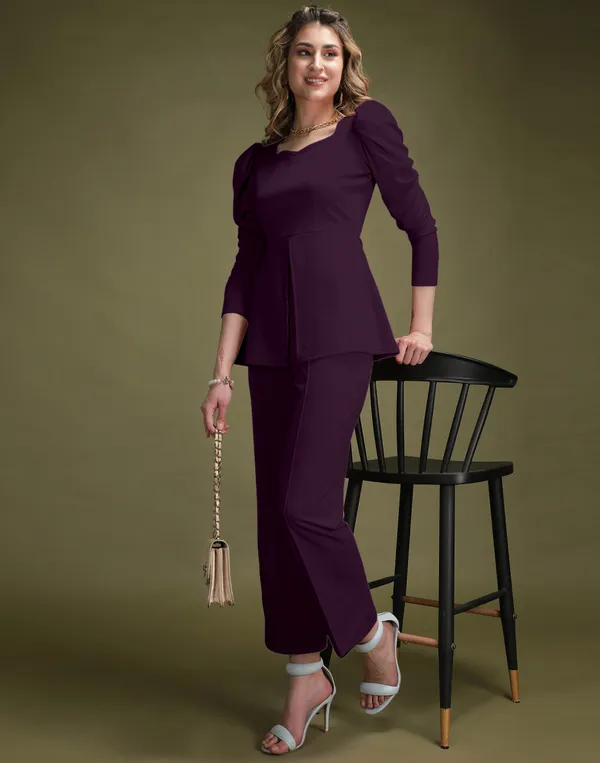 Wine_Shirt_Collar_Top_With_Trouser_Office_Wear