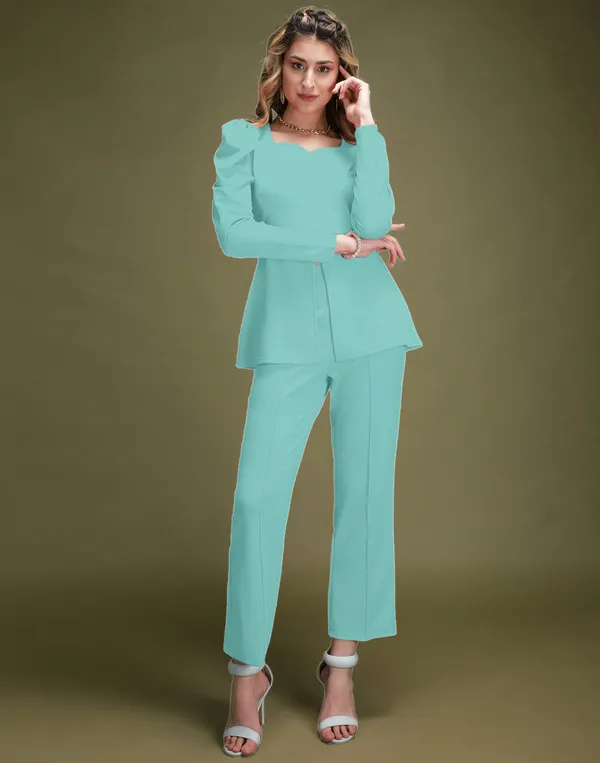 Sea_Green_Shirt_Collar_Top_With_Trouser_Office_Wear