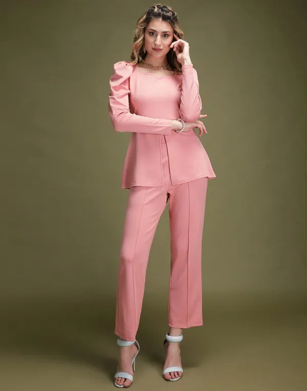 Peach_Shirt_Collar_Top_With_Trouser_Office_Wear