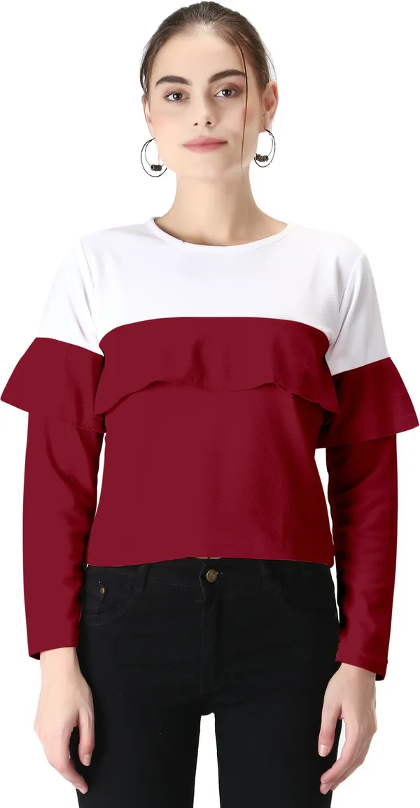 Casual_Polyester_Regular_Sleeves_Color_Block_Women_Maroon_Top