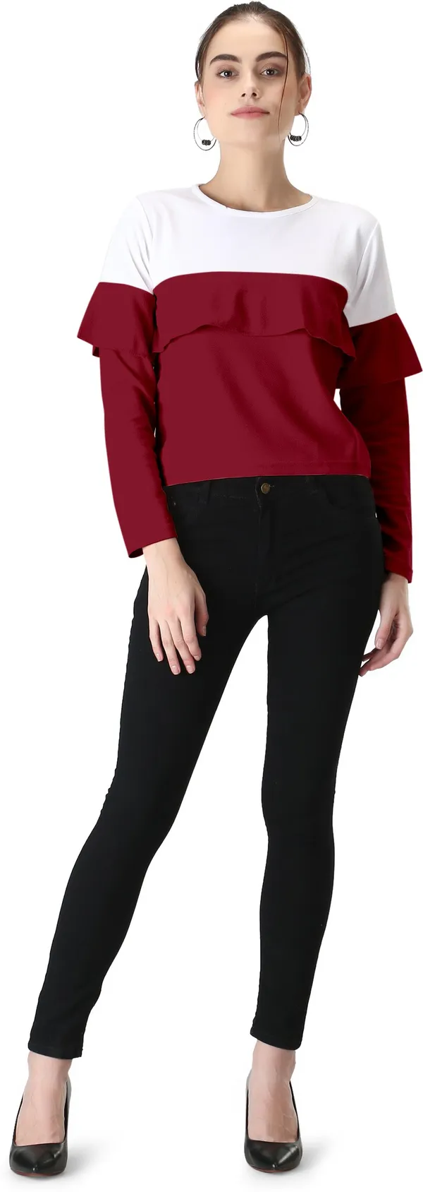 Casual_Polyester_Regular_Sleeves_Color_Block_Women_Maroon_Top