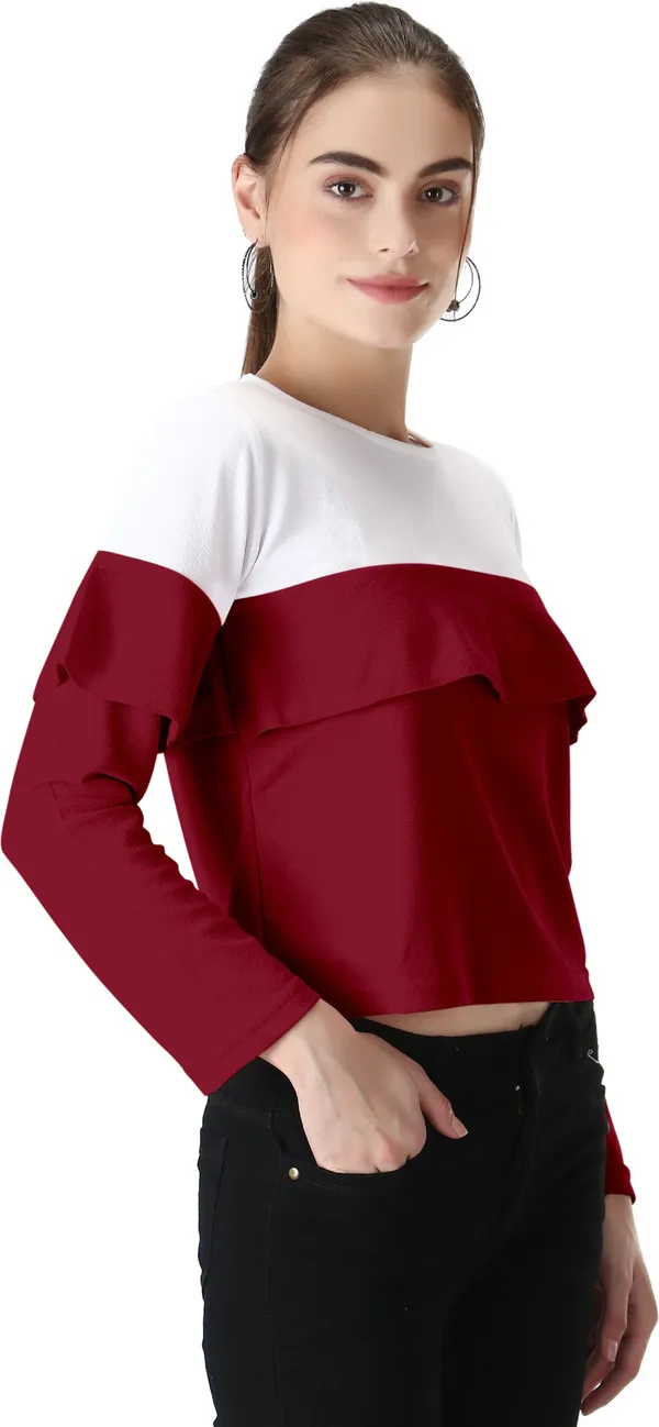 Casual_Polyester_Regular_Sleeves_Color_Block_Women_Maroon_Top
