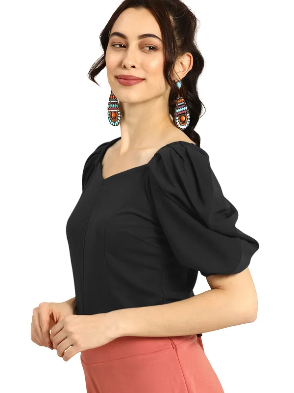 Women_Solid_Black_Fabric_Blend_V-Neck_Regular_Polyester_Top
