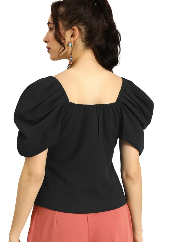 Women_Solid_Black_Fabric_Blend_V-Neck_Regular_Polyester_Top