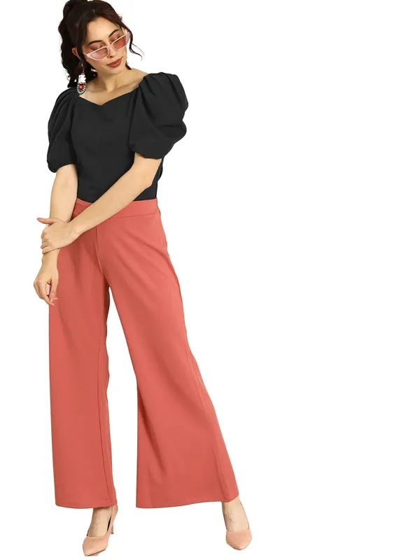 Women_Solid_Black_Fabric_Blend_V-Neck_Regular_Polyester_Top